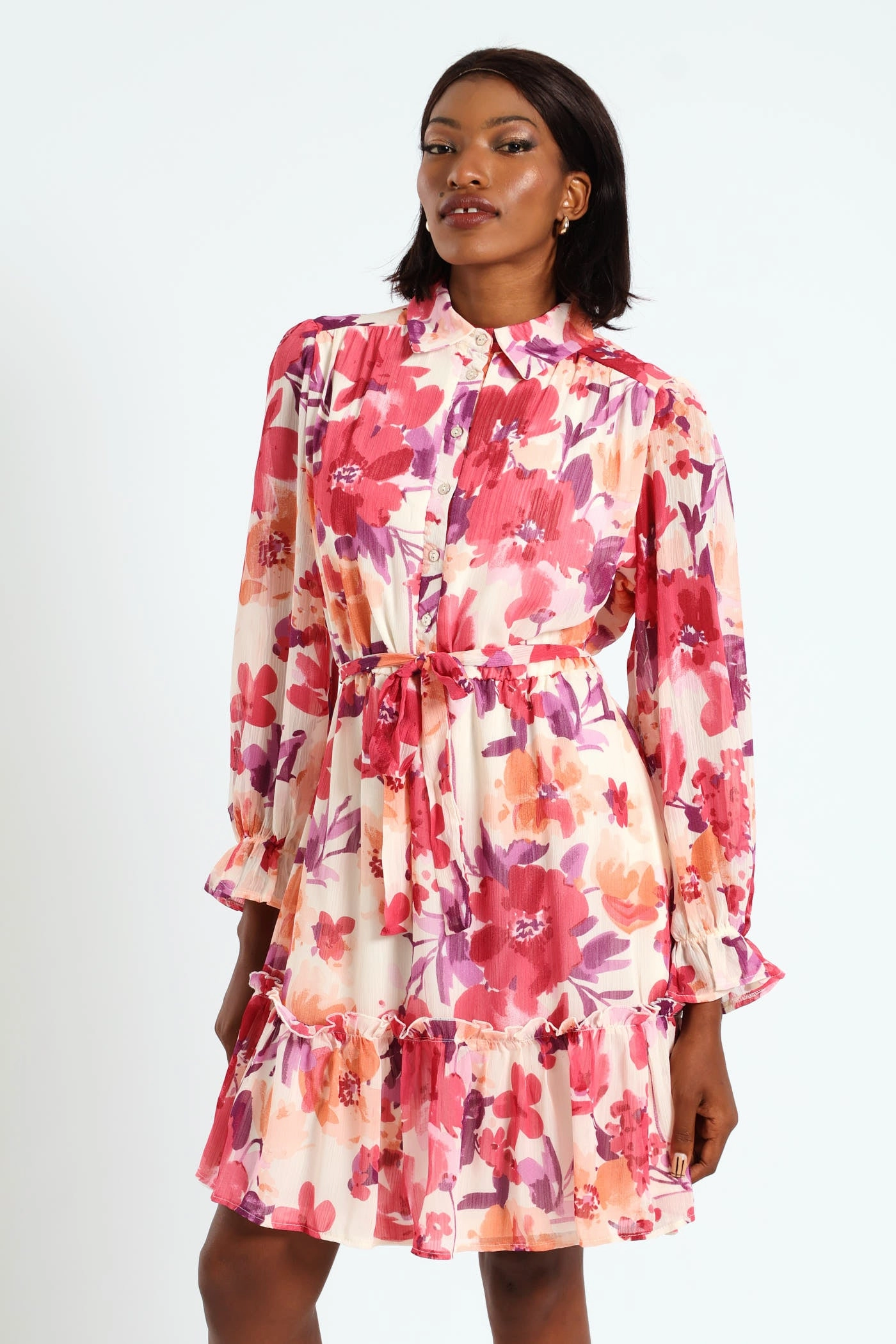 Button Through Frill Hem Tea Dress - Cream Embroidered fashion Business casual wear