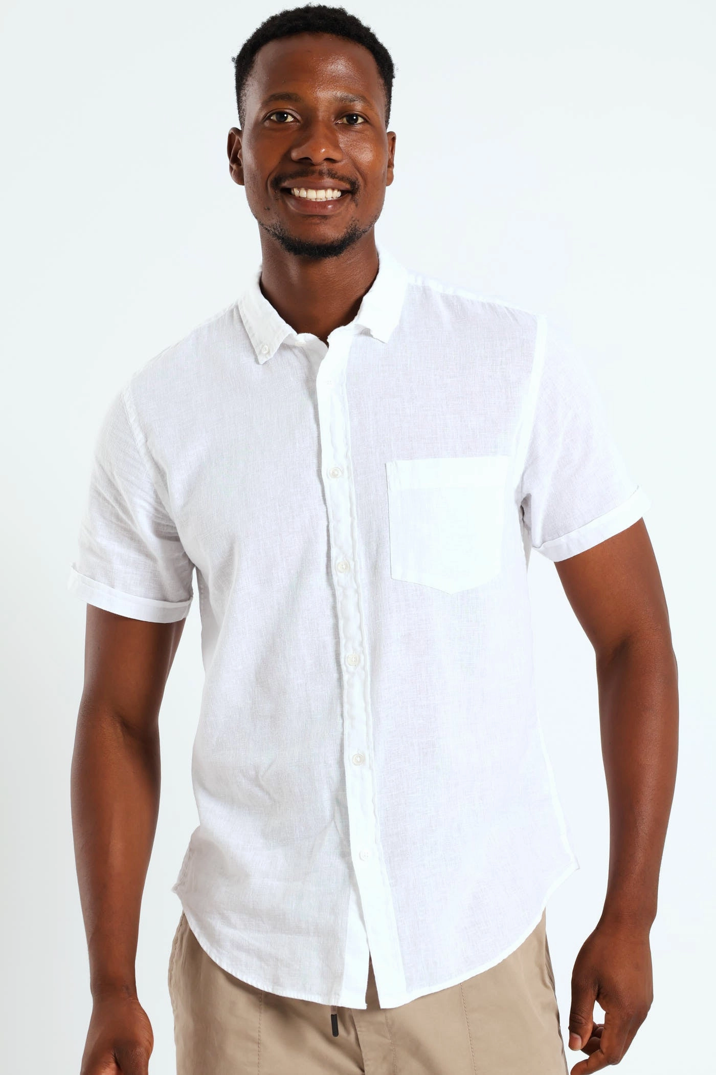 Embroidered fashion Buttondown Cotton Linen Slub Shirt - White Fashion trends