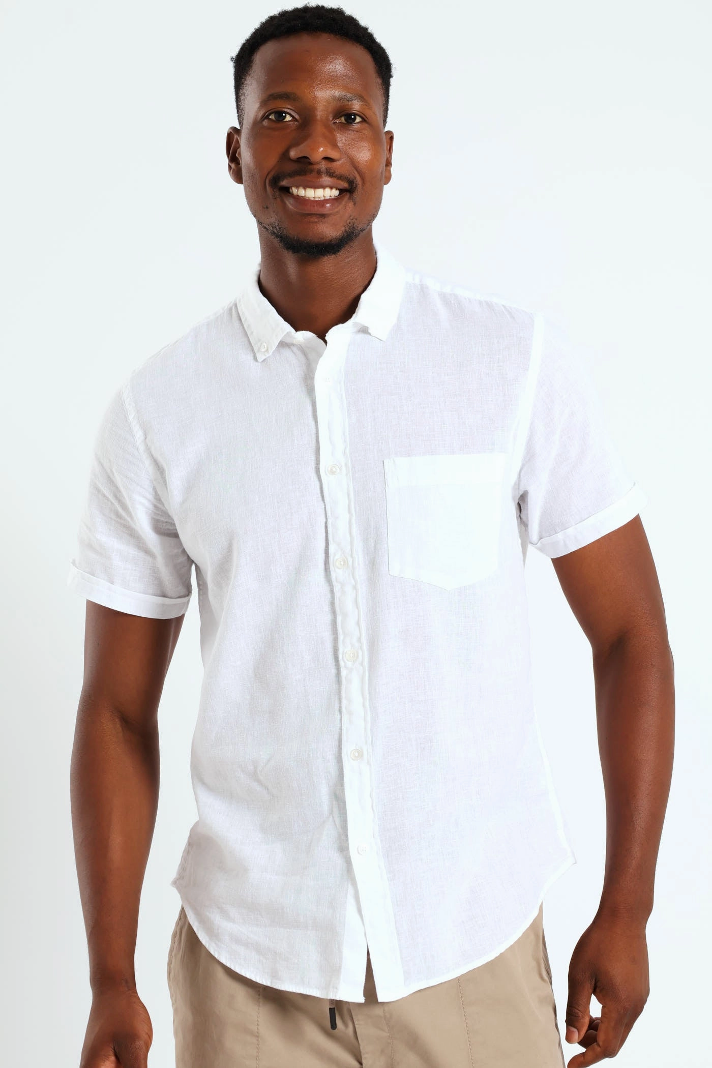 Embroidered fashion Buttondown Cotton Linen Slub Shirt - White Fashion trends