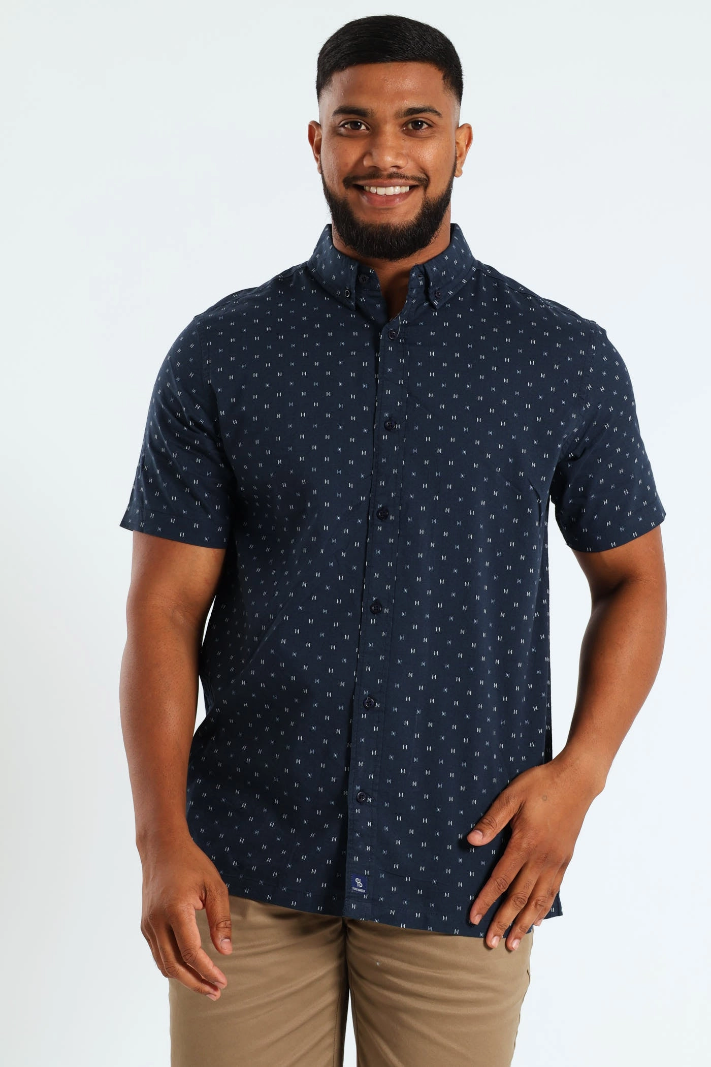 Organic fashion products Buttondown Geo Print Short Sleeve Shirt - Navy Luxury fashion items