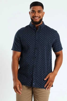 Buttondown Geo Print Short Sleeve Shirt - Navy Fashion sizes Leather - material fashion