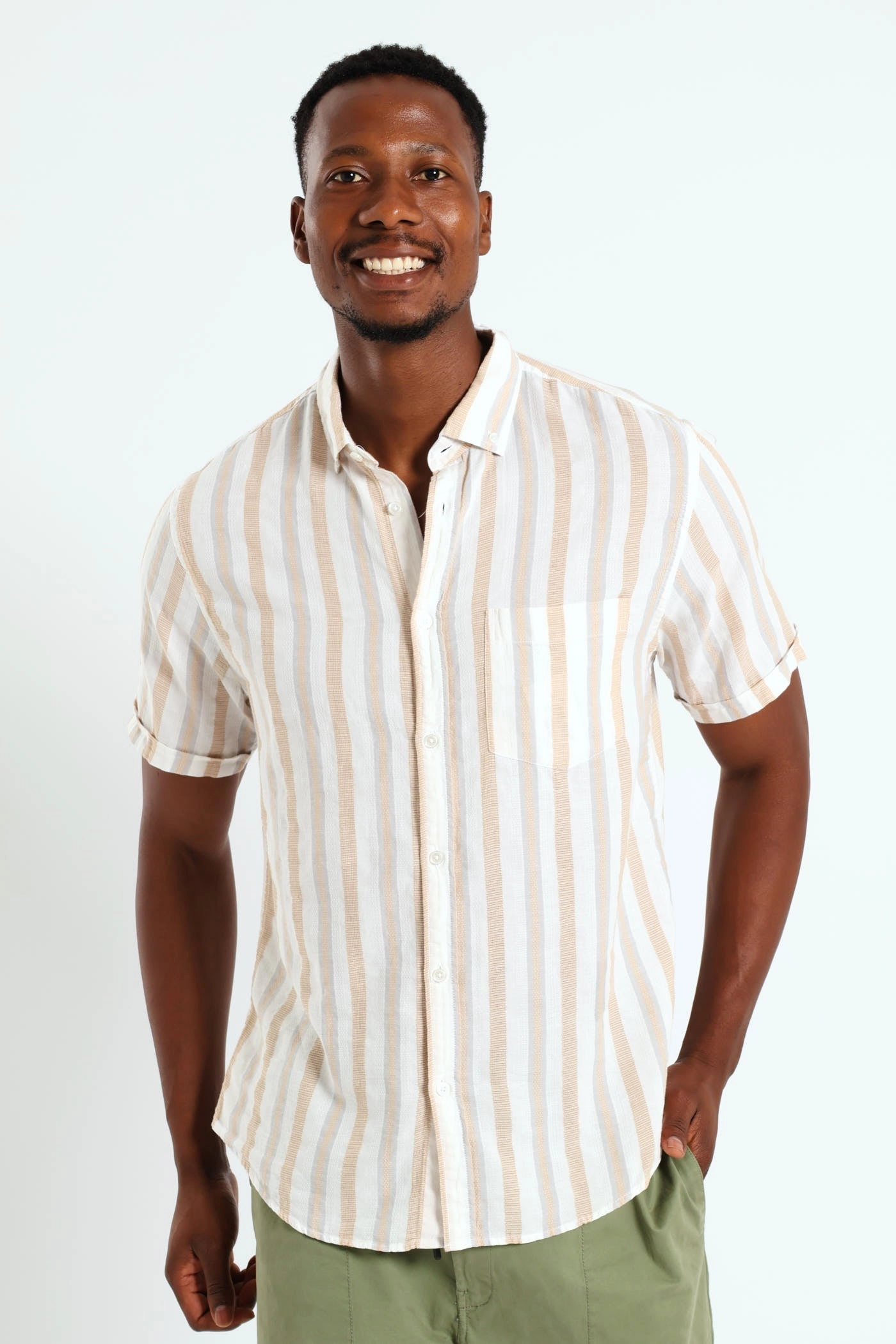 Leather - material fashion Buttondown Stripe Shirt - Stone Fashion on sale