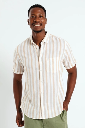 Buttondown Stripe Shirt - Stone Organic fashion products Upcycled fashion