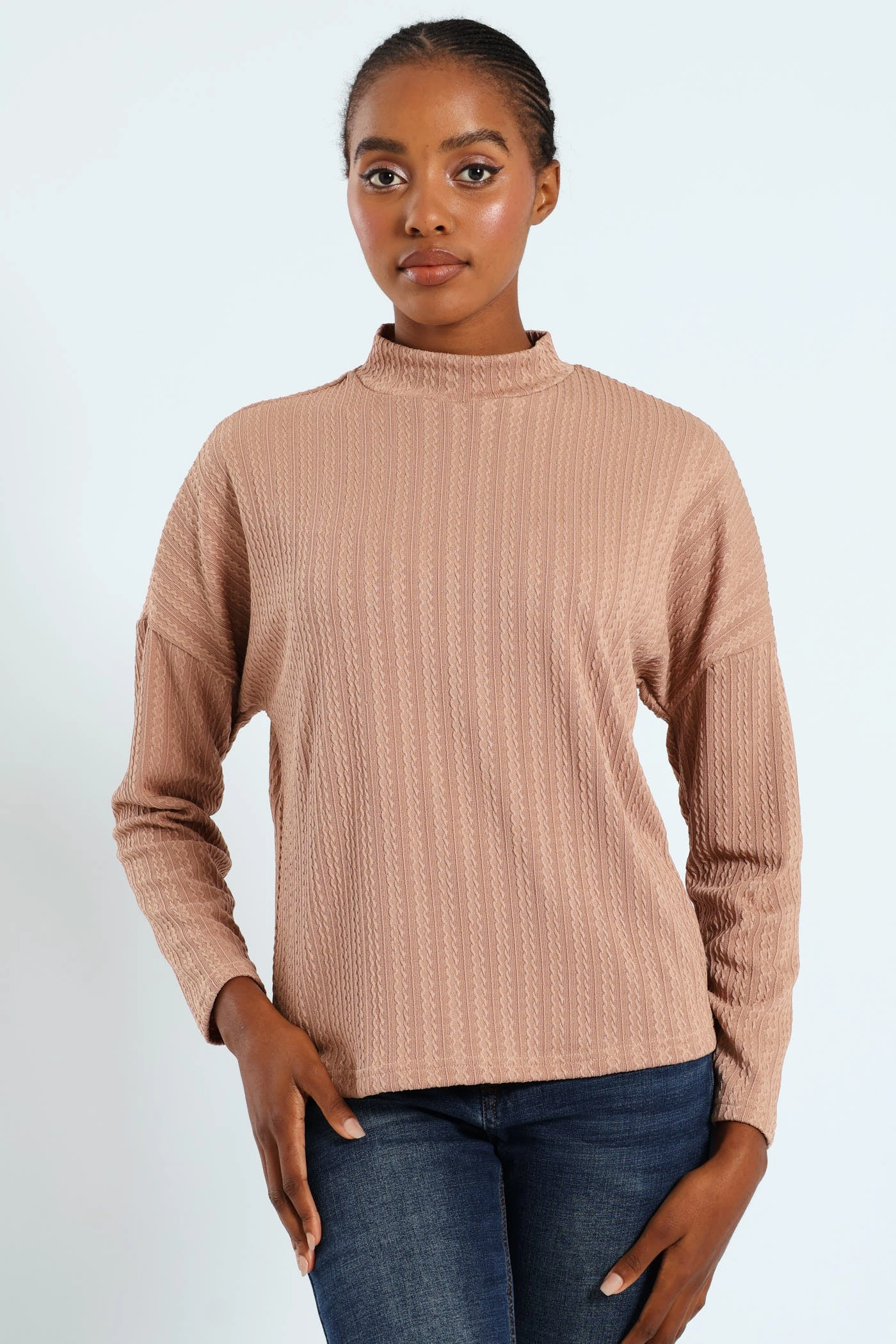 Cable Design Turtleneck Tee - Brown