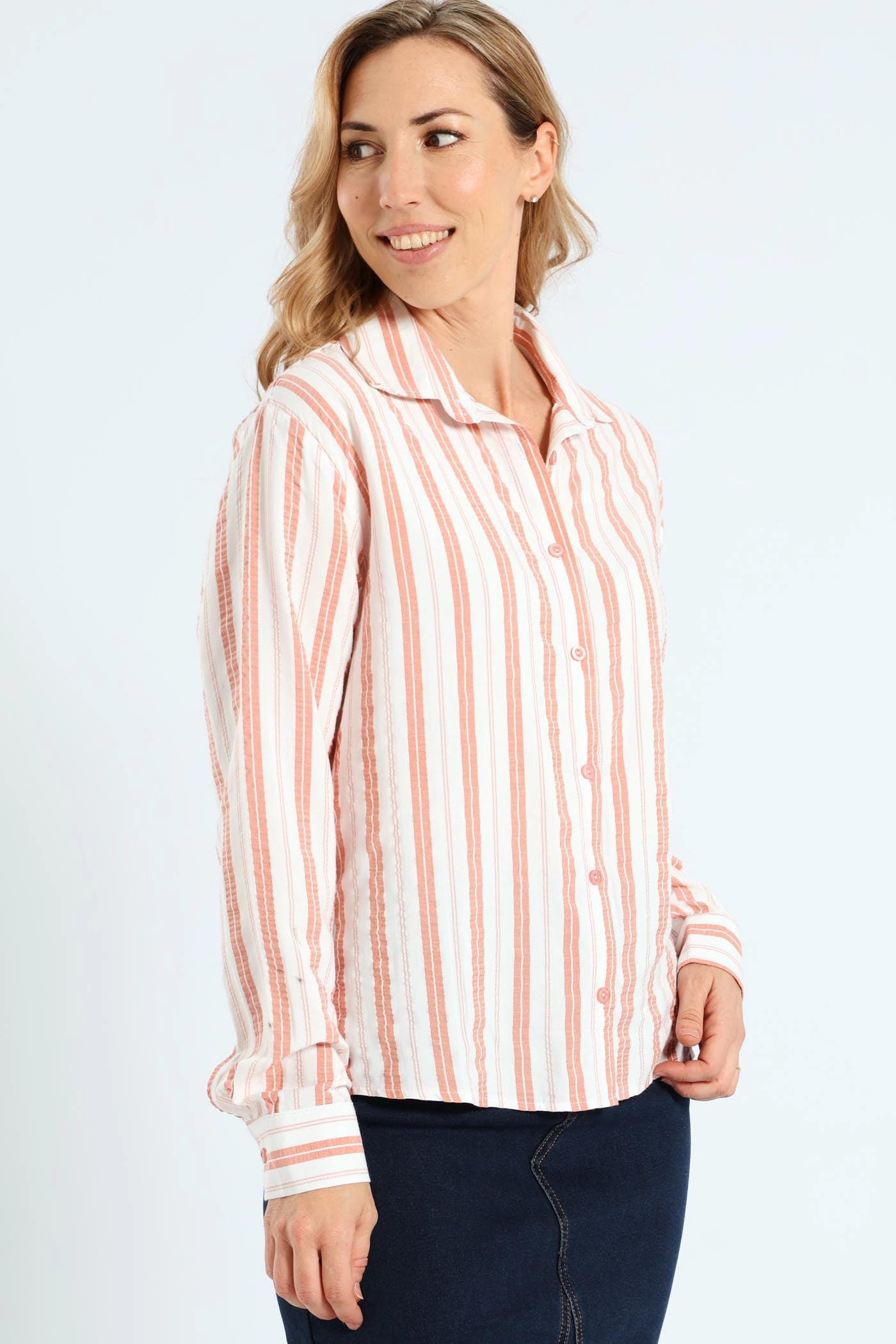 Long Sleeve Yarn Dye Stripe Seersucker Oversized Shirt - White/Blush Hip - hop fashion Denim - based fashion