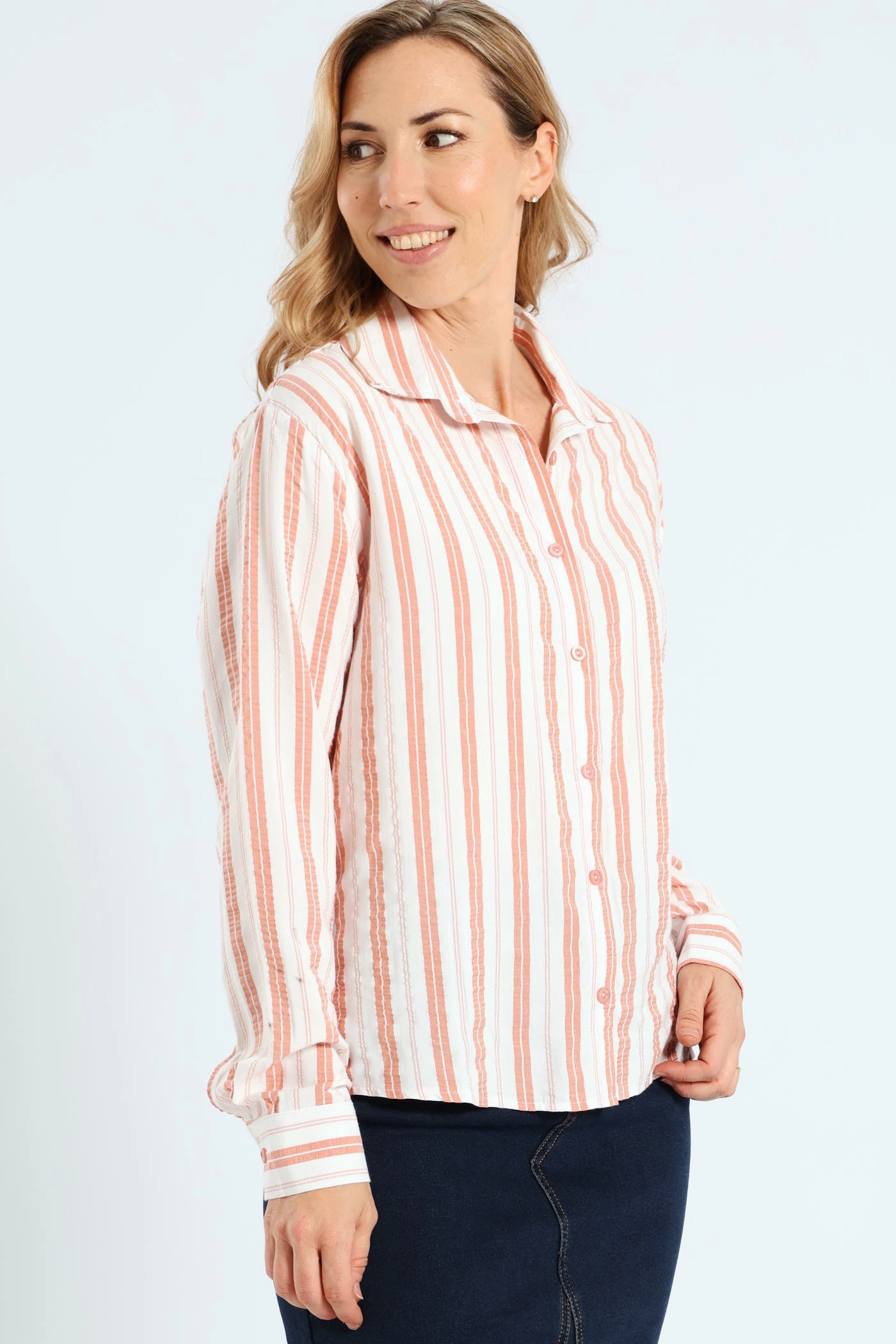 Long Sleeve Yarn Dye Stripe Seersucker Oversized Shirt - White/Blush Street fashion Fashion archives