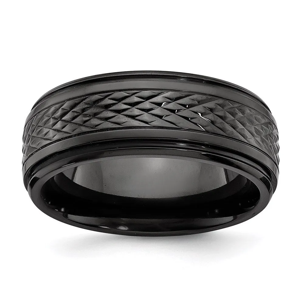 Chisel Jewelry Black Zirconium Polished Ridged Edge 8mm Band | ZCR101
