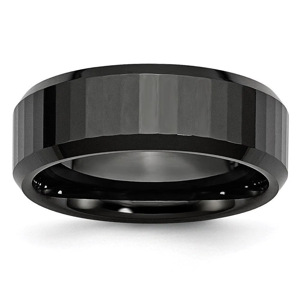Chisel Jewelry Ceramic Beveled Edge, Black Faceted 8mm Polished Band