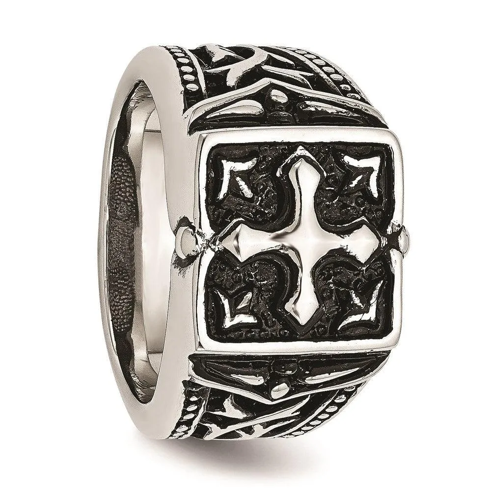 Chisel Jewelry Stainless Steel Antiqued Cross Ring