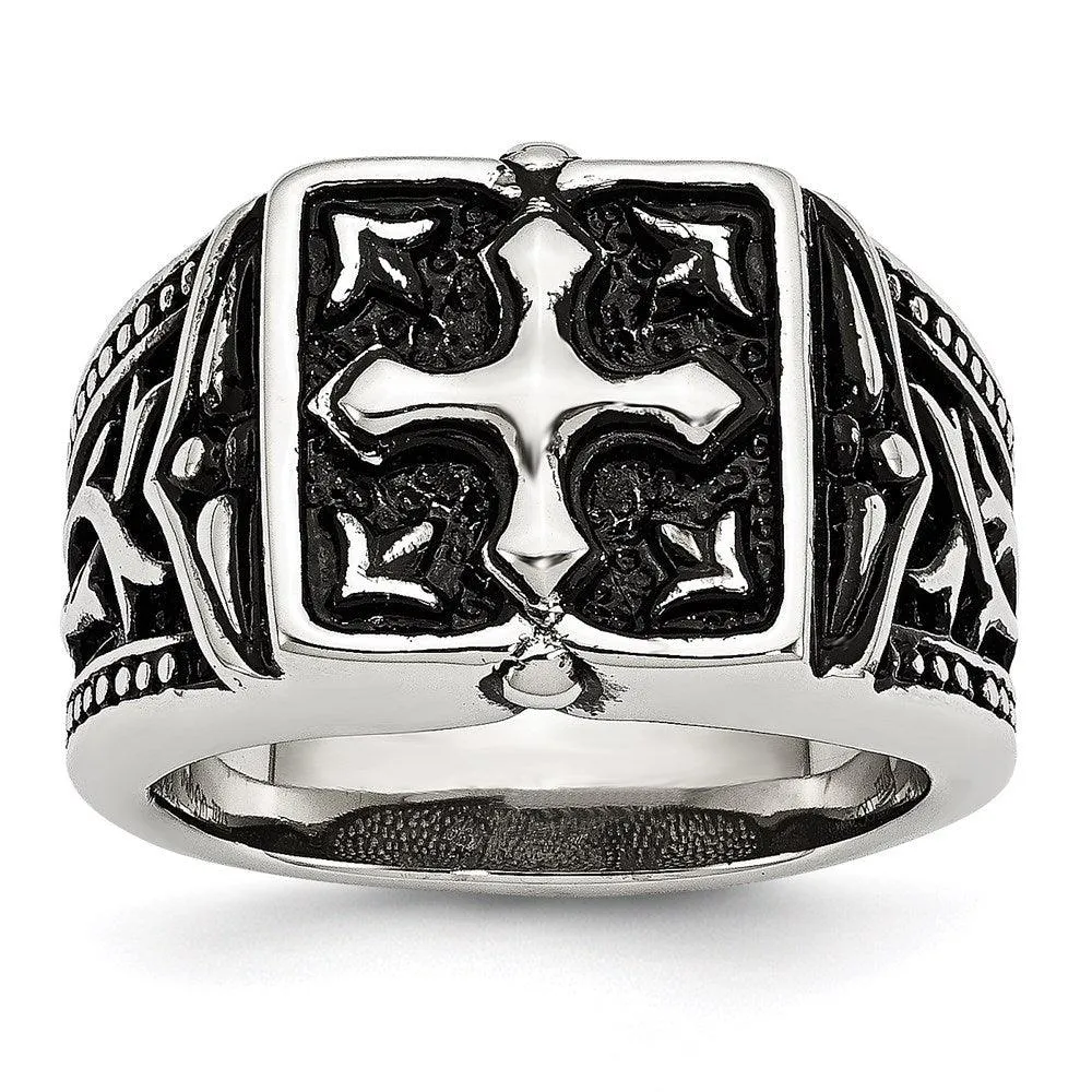 Chisel Jewelry Stainless Steel Antiqued Cross Ring