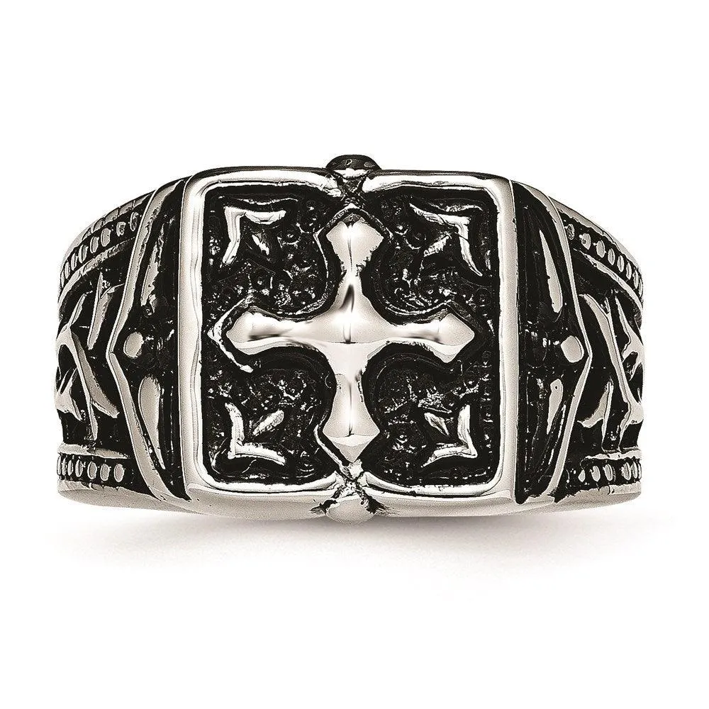 Chisel Jewelry Stainless Steel Antiqued Cross Ring
