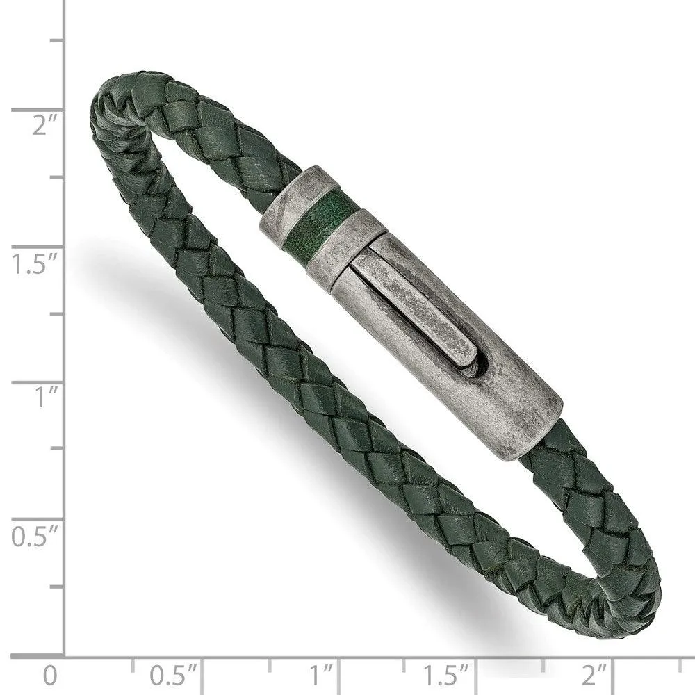 Chisel Jewelry Stainless Steel Antiqued Green Leather 8.25in Bracelet