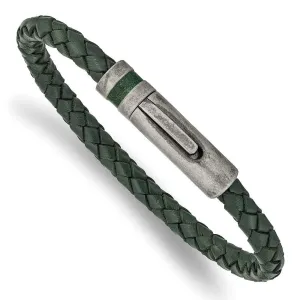 Chisel Jewelry Stainless Steel Antiqued Green Leather 8.25in Bracelet