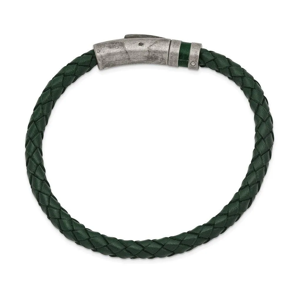 Chisel Jewelry Stainless Steel Antiqued Green Leather 8.25in Bracelet
