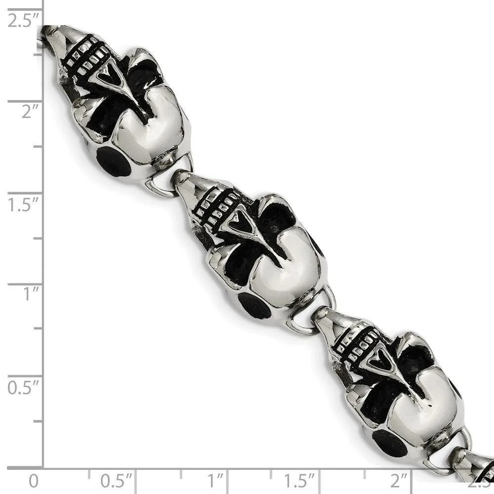 Chisel Jewelry Stainless Steel Antiqued Skulls 8.5in Bracelet