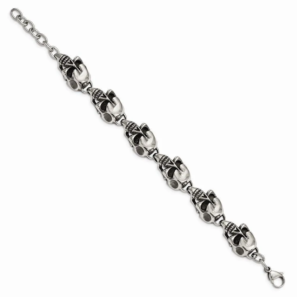 Chisel Jewelry Stainless Steel Antiqued Skulls 8.5in Bracelet
