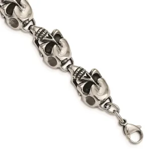 Chisel Jewelry Stainless Steel Antiqued Skulls 8.5in Bracelet
