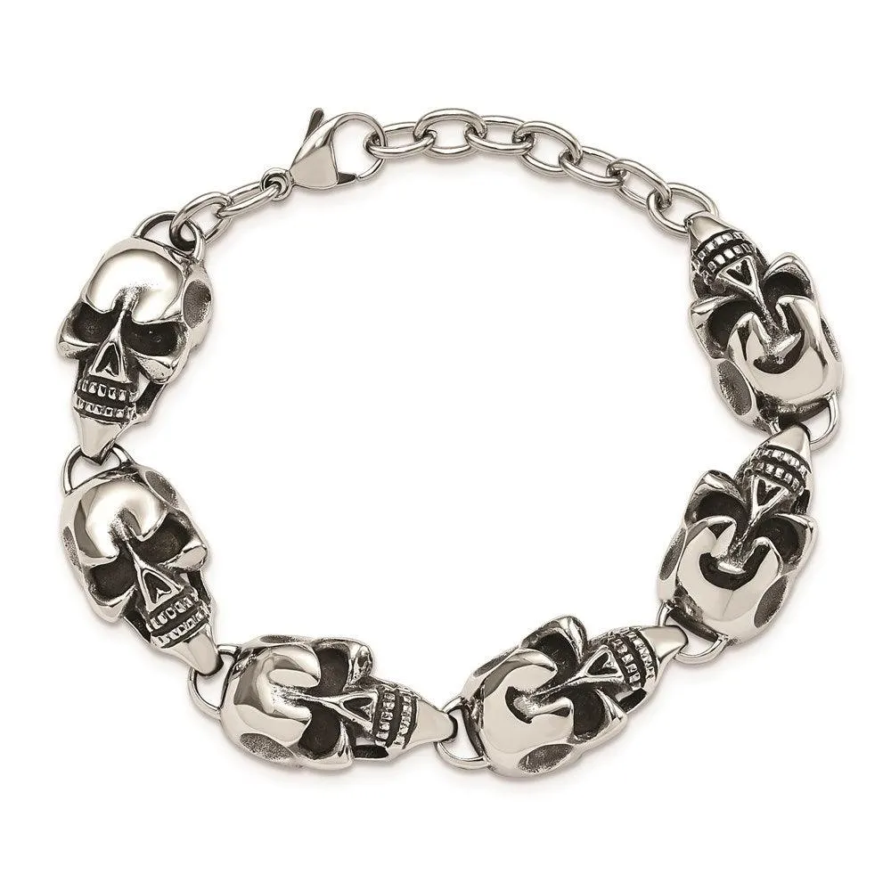 Chisel Jewelry Stainless Steel Antiqued Skulls 8.5in Bracelet
