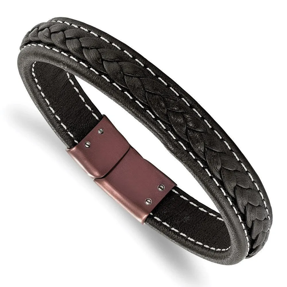 Chisel Jewelry Stainless Steel Brown IP-plated Genuine Leather 8.25in Bracelet