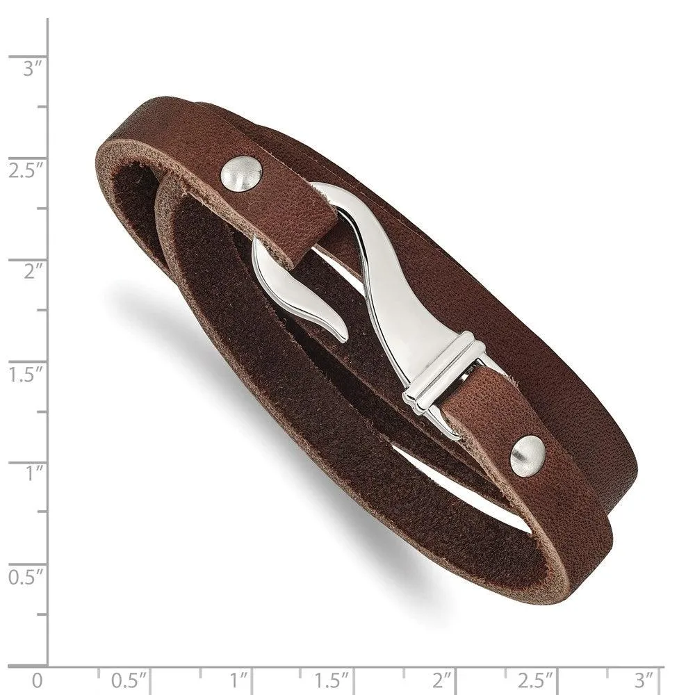 Chisel Jewelry Stainless Steel Brown Leather Wrap Bracelet
