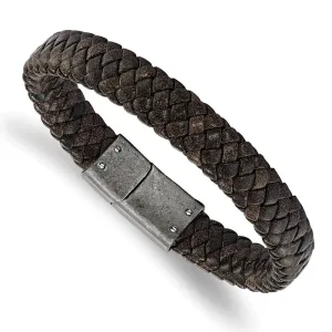 Chisel Jewelry Stainless Steel Brushed Brown Braided Genuine Leather 8.25in Bracelet