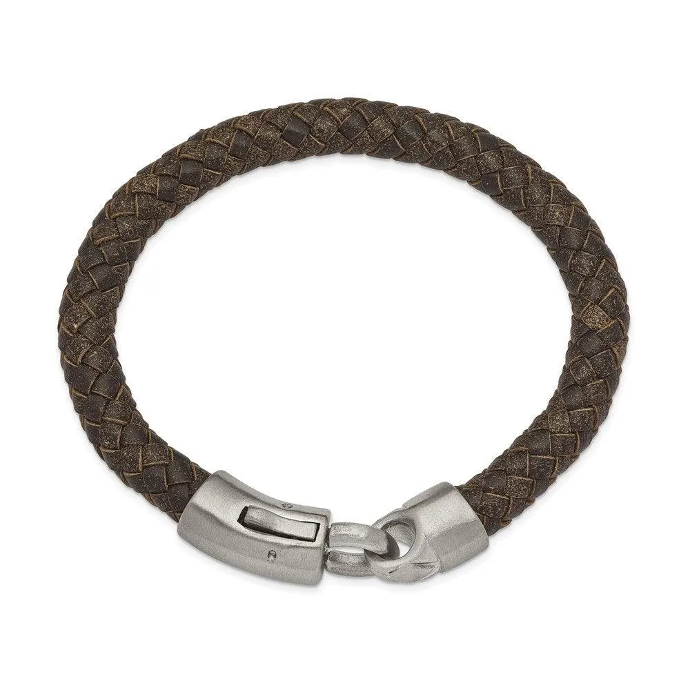 Chisel Jewelry Stainless Steel Brushed Brown Leather 8.25in Bracelet