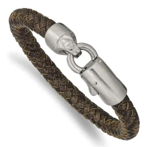 Chisel Jewelry Stainless Steel Brushed Brown Leather 8.25in Bracelet