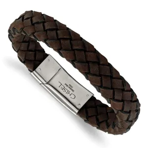Chisel Jewelry Stainless Steel Brushed Brown Leather Bracelet