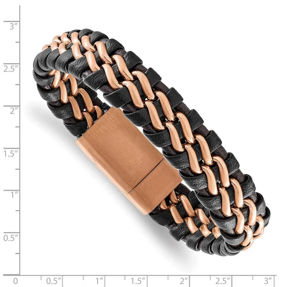 Chisel Jewelry Stainless Steel Brushed Rose IP-plated Brown Leather Bracelet
