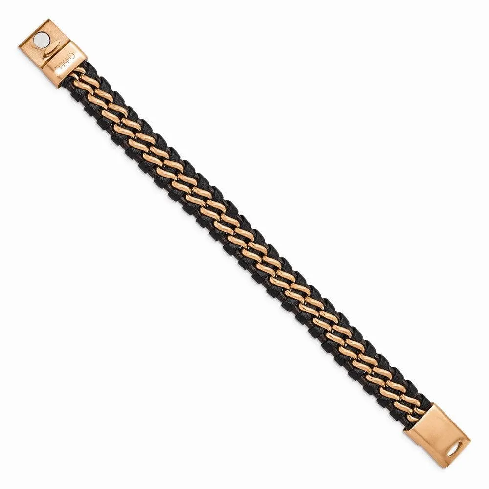 Chisel Jewelry Stainless Steel Brushed Rose IP-plated Brown Leather Bracelet