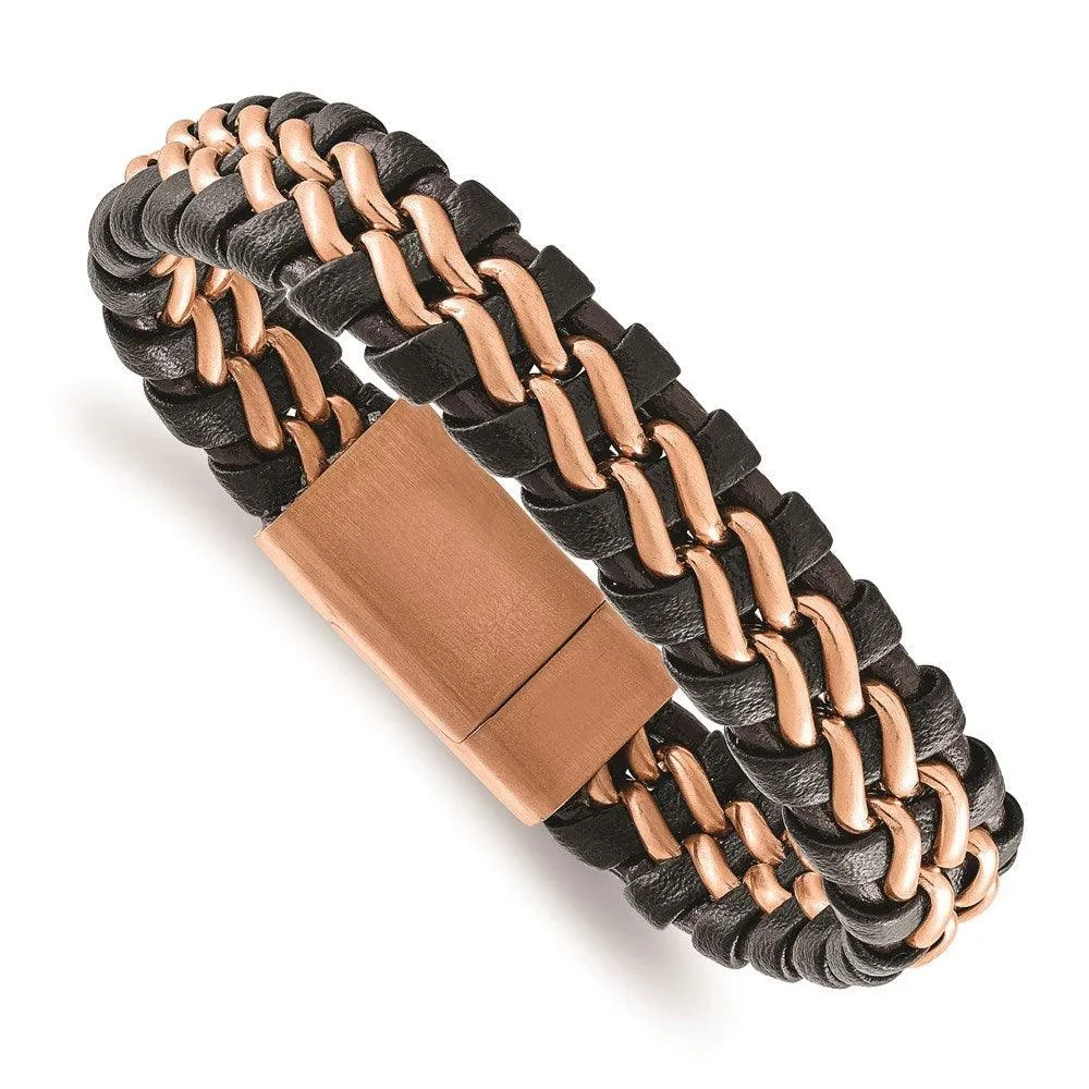 Chisel Jewelry Stainless Steel Brushed Rose IP-plated Brown Leather Bracelet