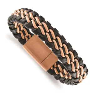 Chisel Jewelry Stainless Steel Brushed Rose IP-plated Brown Leather Bracelet