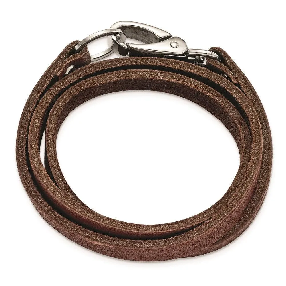 Chisel Jewelry Stainless Steel Dark Brown Leather Wrap Bracelet