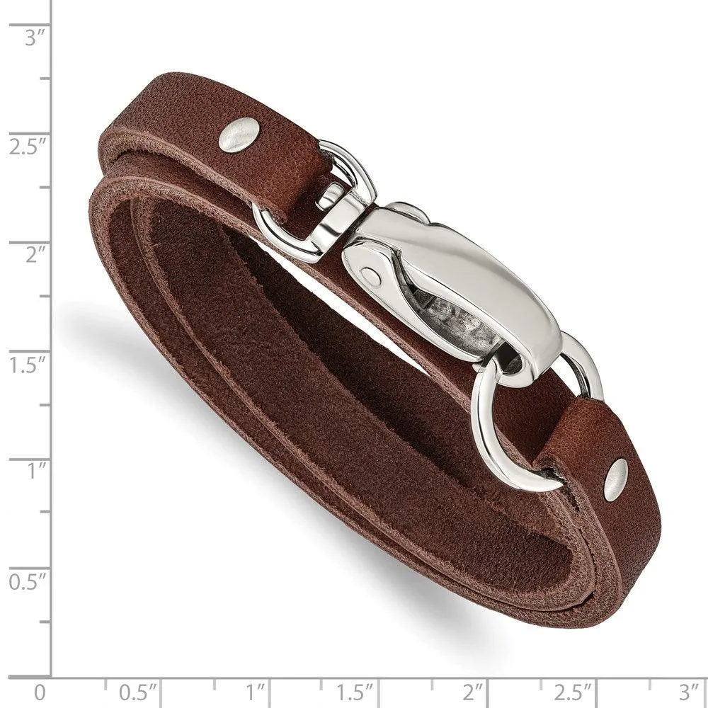 Chisel Jewelry Stainless Steel Dark Brown Leather Wrap Bracelet