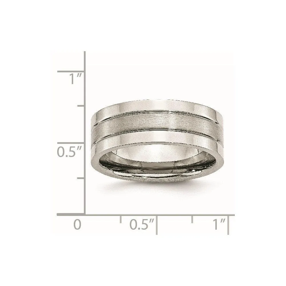 Chisel Jewelry Stainless Steel Grooved 8mm Satin and Polished Band