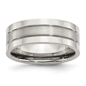 Chisel Jewelry Stainless Steel Grooved 8mm Satin and Polished Band