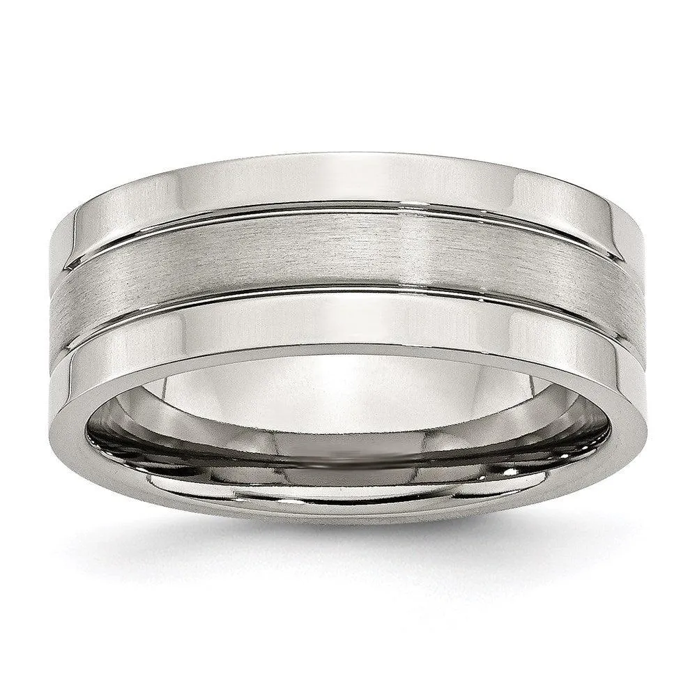 Chisel Jewelry Stainless Steel Grooved 8mm Satin and Polished Band
