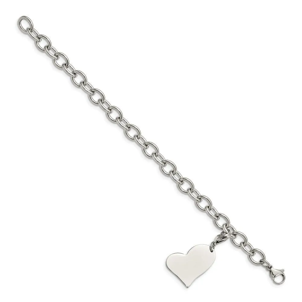 Chisel Jewelry Stainless Steel Heart Charm 8in Bracelet