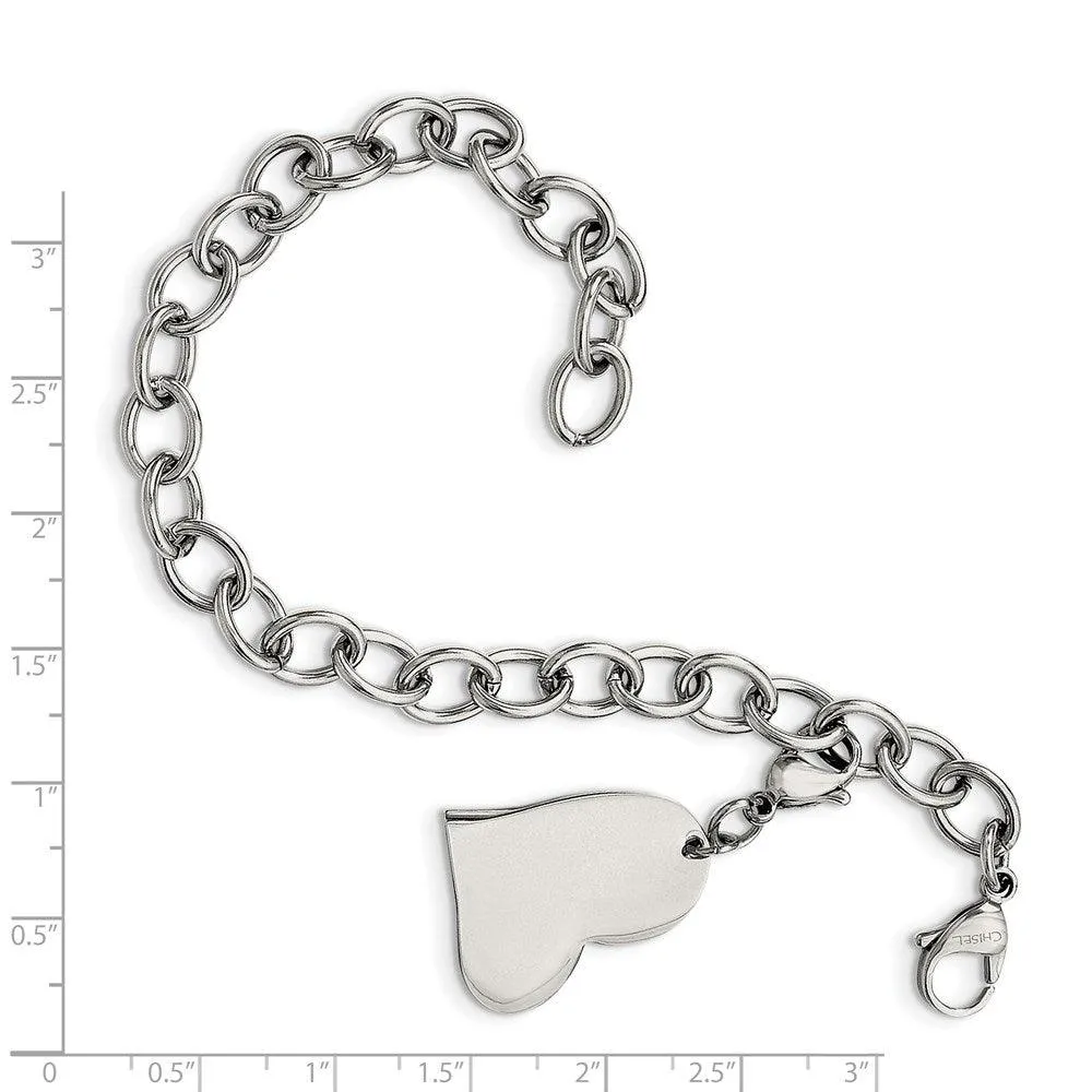 Chisel Jewelry Stainless Steel Heart Charm 8in Bracelet