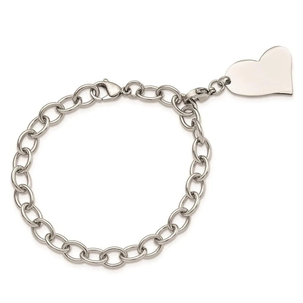 Chisel Jewelry Stainless Steel Heart Charm 8in Bracelet