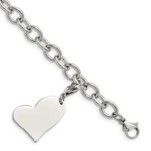 Chisel Jewelry Stainless Steel Heart Charm 8in Bracelet