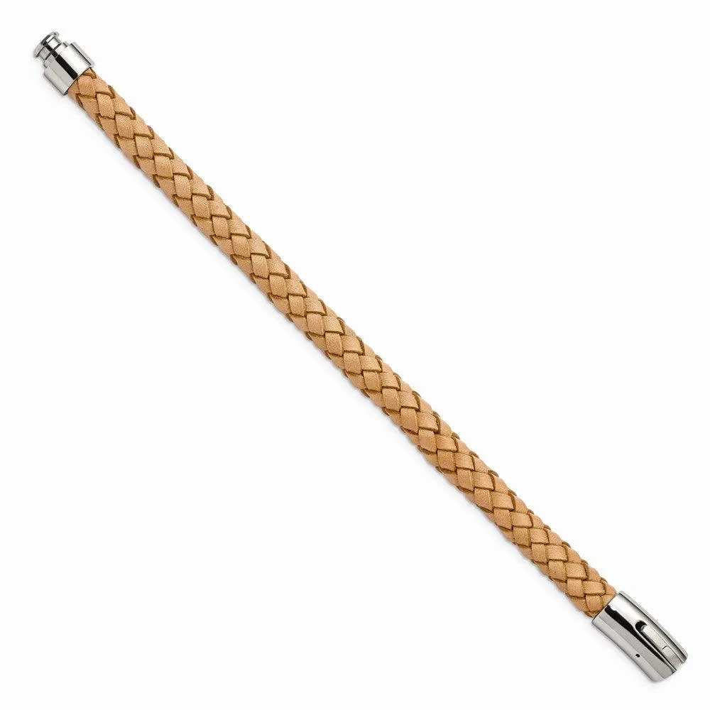 Chisel Jewelry Stainless Steel Light Tan Leather 8.5in Bracelet
