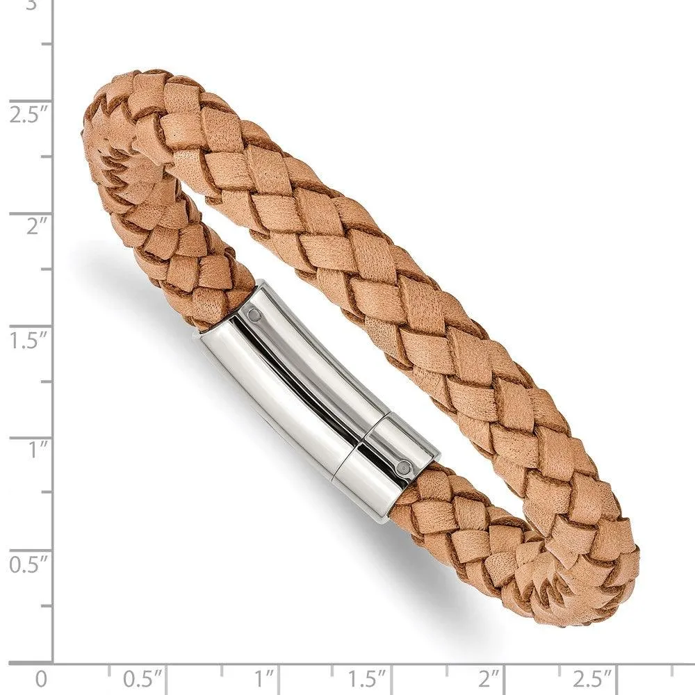 Chisel Jewelry Stainless Steel Light Tan Leather 8.5in Bracelet
