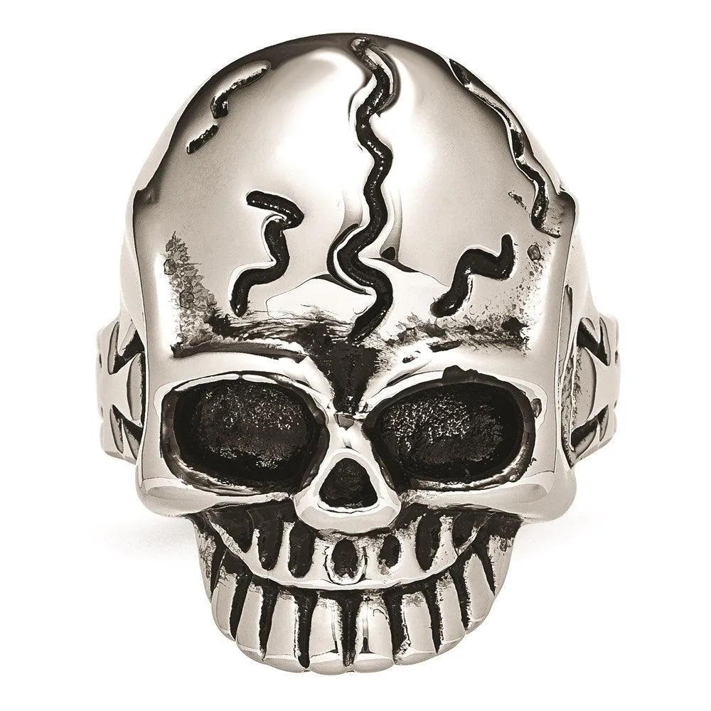 Chisel Jewelry Stainless Steel Polished and Antiqued Skull Ring