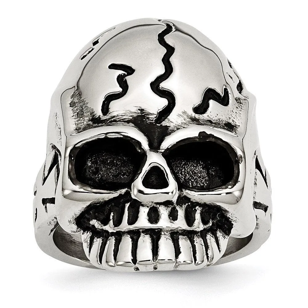 Chisel Jewelry Stainless Steel Polished and Antiqued Skull Ring