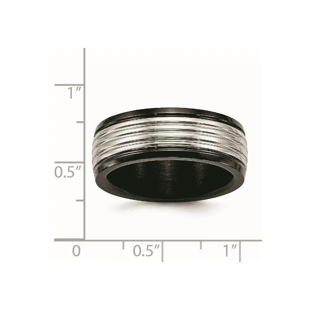 Chisel Jewelry Stainless Steel Polished Black IP Grooved Ring