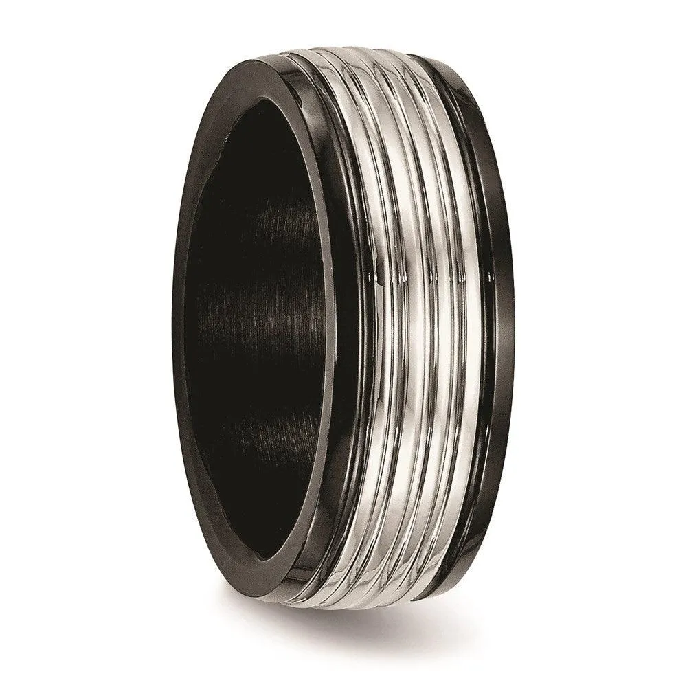 Chisel Jewelry Stainless Steel Polished Black IP Grooved Ring