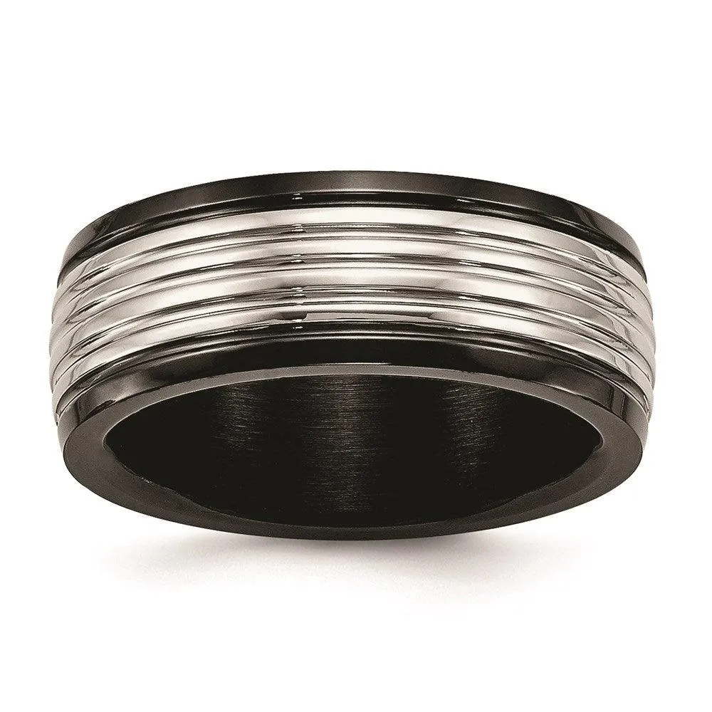 Chisel Jewelry Stainless Steel Polished Black IP Grooved Ring