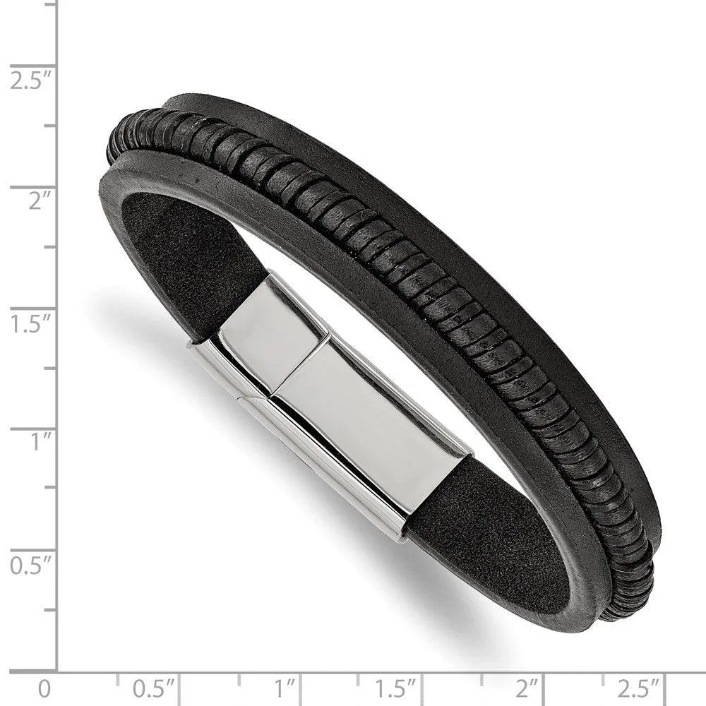 Chisel Jewelry Stainless Steel Polished Black Leather 8.25in Bracelet
