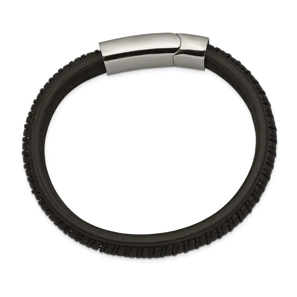 Chisel Jewelry Stainless Steel Polished Black Leather 8.25in Bracelet